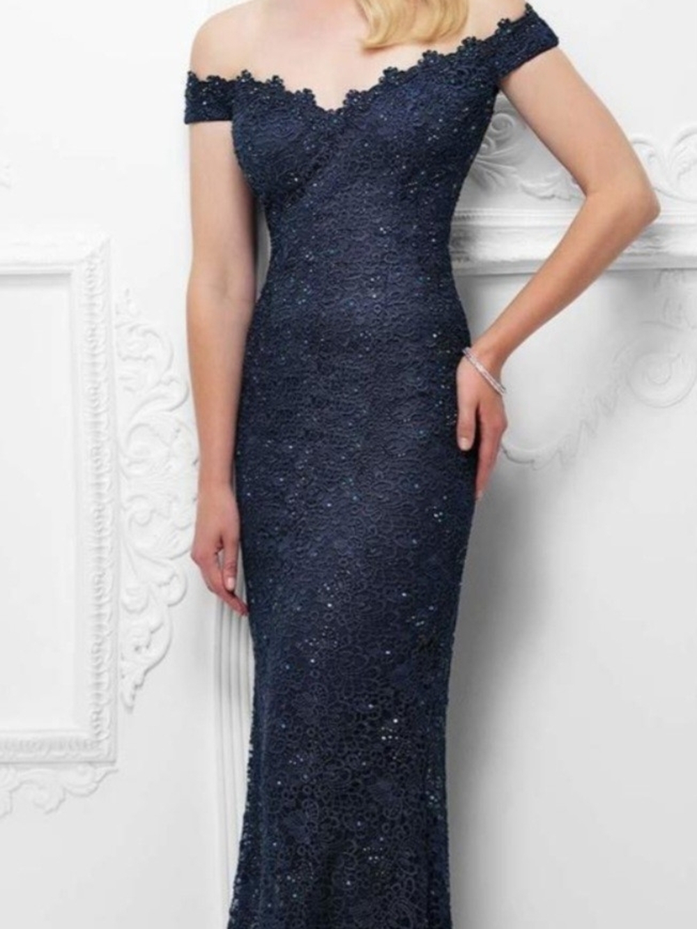 Off-Shoulder Navy Lace Evening Gown Mother Of The Bride/Groom